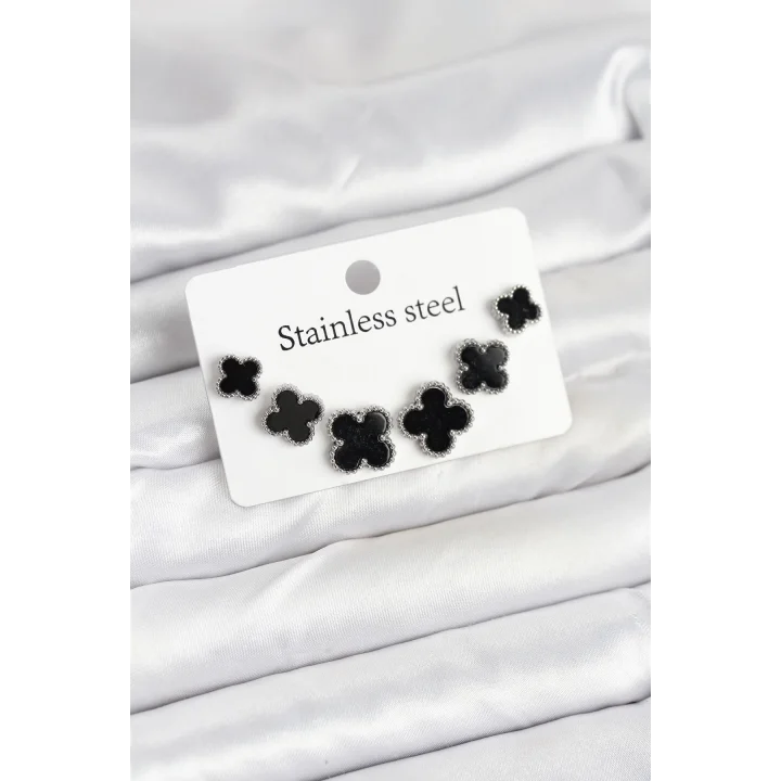 Mey İthalat® 316L Çelik Gümüş Siyah Renk 3 Boy Yonca Küpe Seti