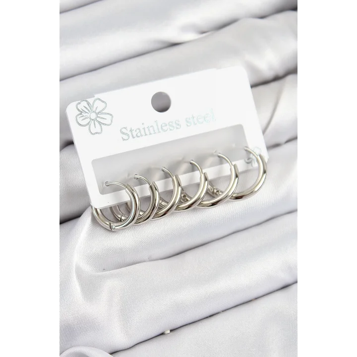 Mey İthalat® 316L Çelik Halka Model Gümüş Renk 3lü Set Kadın Küpe