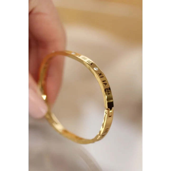 Mey İthalat® 316L Çelik Roma Rakamlı Gold Renk Bilezik Kelepçe
