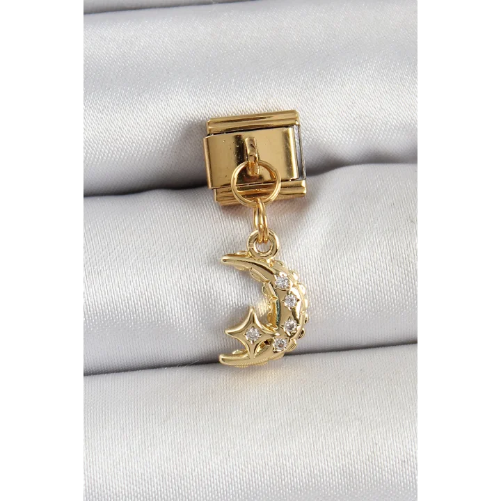 Mey İthalat® 316L Çelik Sallantılı Zirkon Taşlı Ay Model Gold Renk Nomination Charm