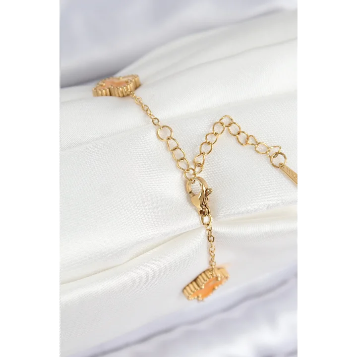 Mey İthalat® 316L Çelik Sedefli Turuncu Gold Renk Yonca Kadın Bileklik