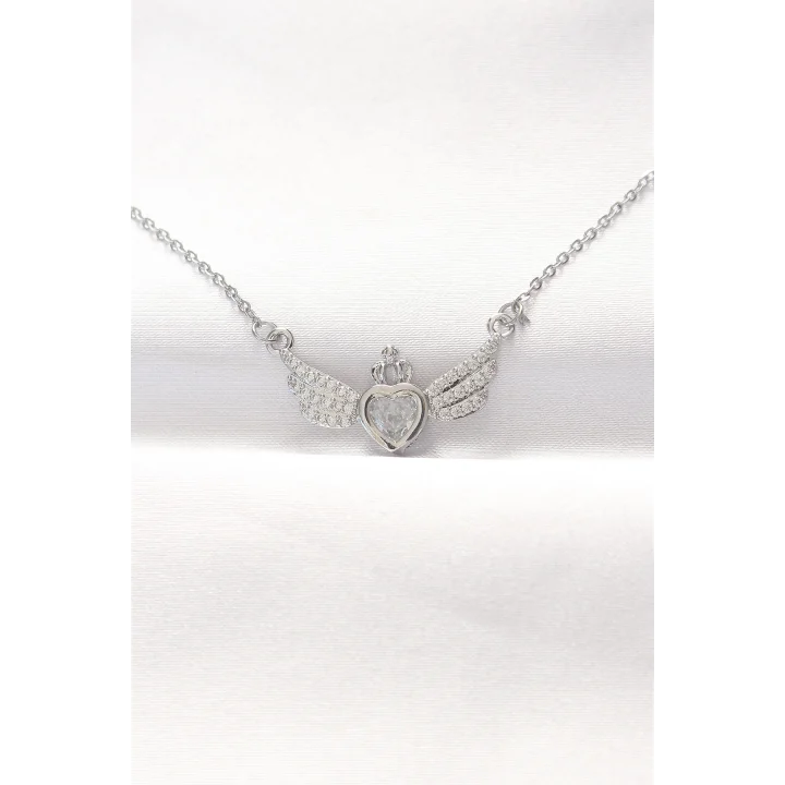 Mey İthalat® 316L Çelik Silver Renk Zirkon Taşlı Kalpli Kanat Kolye