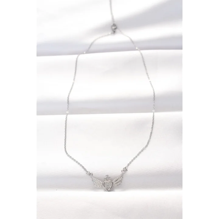 Mey İthalat® 316L Çelik Silver Renk Zirkon Taşlı Kalpli Kanat Kolye