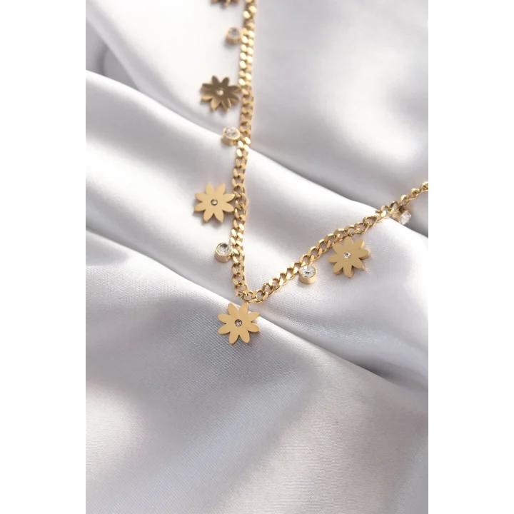 Mey İthalat® 316L Çelik Taşlı Gold Renk Çoklu Çiçek Kolye