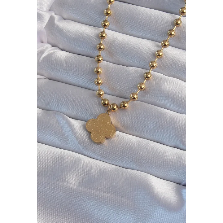 Mey İthalat® 316L Çelik Top Zincirli Gold Renk İşlemeli Yonca Model Kolye