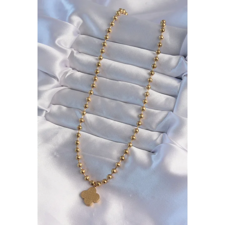 Mey İthalat® 316L Çelik Top Zincirli Gold Renk İşlemeli Yonca Model Kolye