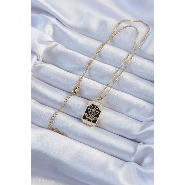 Mey İthalat® 316L Çelik Zincir Altın Renk İşlemeli Siyah Mineli Tarot Kolye