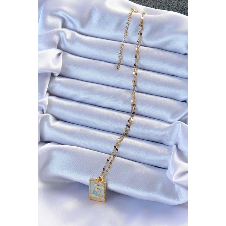 Mey İthalat® 316L Çelik Zincir Altın Renk Mavi Mineli Tarot Kolye