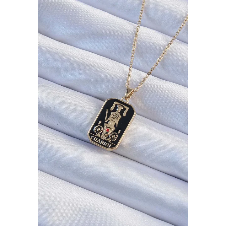 Mey İthalat® 316L Çelik Zincir Altın Renk Siyah Mineli Tarot Kolye