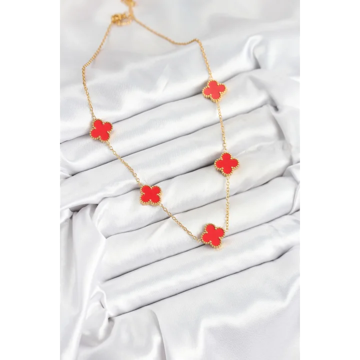 Mey İthalat® 316L Çelik Zincir Gold Kırmızı Renk Yonca Kadın Kolye