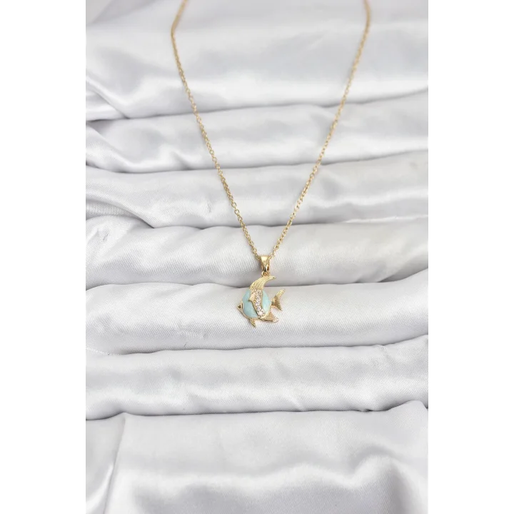 Mey İthalat® 316L Çelik Zincir Gold Renk Balık Model Zirkon Taşlı Kadın Kolye