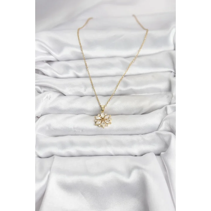 Mey İthalat® 316L Çelik Zincir Gold Renk Lotus Model Zirkon Taşlı Kadın Kolye