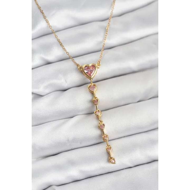 Mey İthalat® 316L Çelik Zincir Gold Renk Pembe Kalp Kadın Kolye