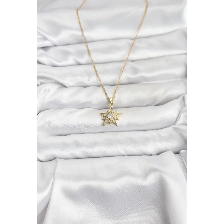 Mey İthalat® 316L Çelik Zincir Gold Renk Yıldız Model Zirkon Taşlı Kadın Kolye
