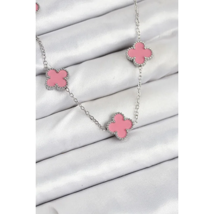 Mey İthalat® 316L Çelik Zincir Gümüş Pembe Renk Yonca Kadın Kolye