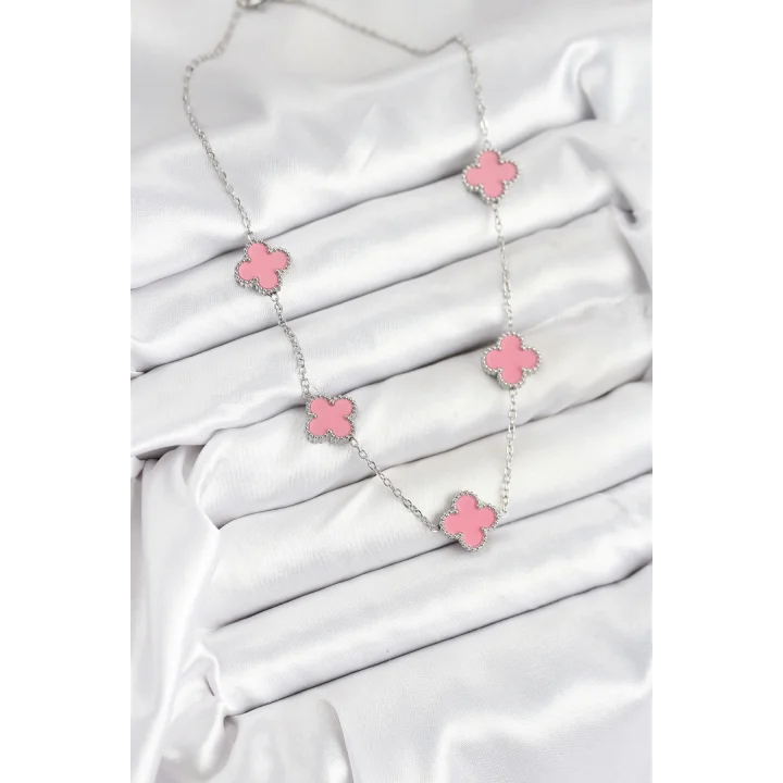 Mey İthalat® 316L Çelik Zincir Gümüş Pembe Renk Yonca Kadın Kolye