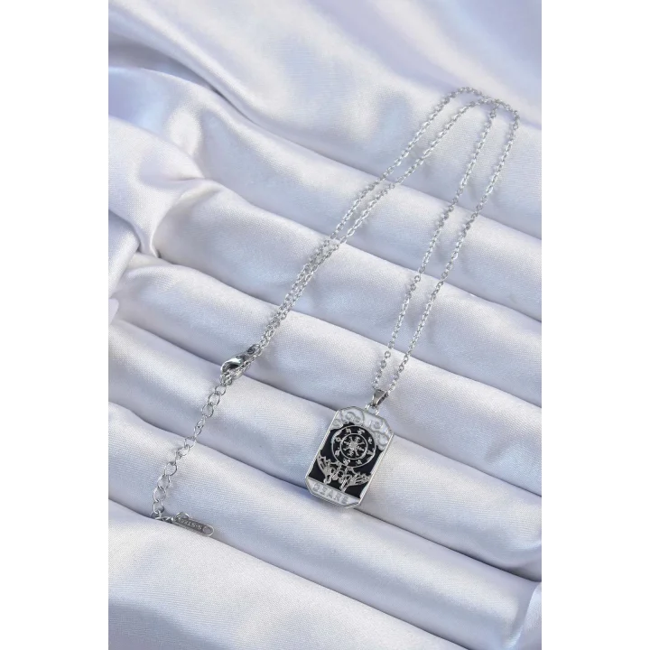 Mey İthalat® 316L Çelik Zincir Gümüş Renk İşlemeli Siyah Mineli Tarot Kolye