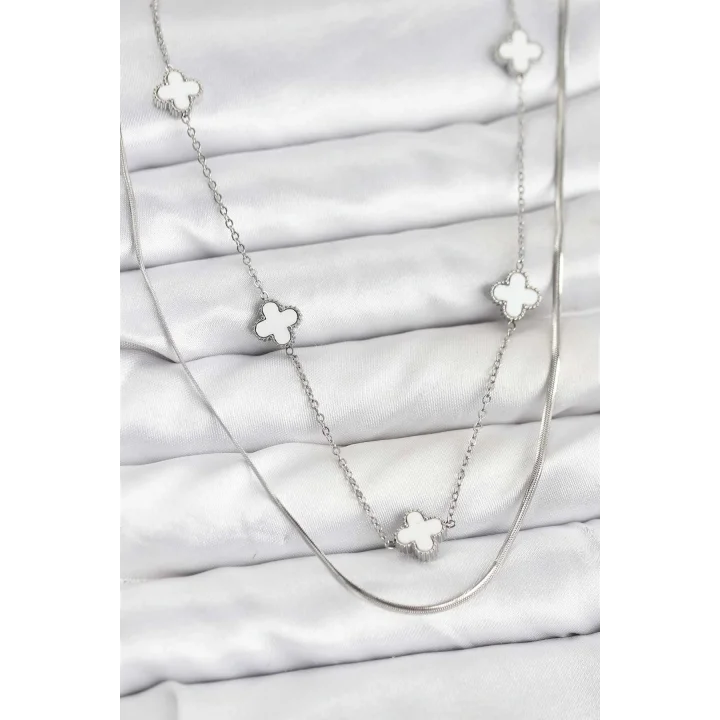 Mey İthalat® 316L Çelik Zincir Gümüş Renk İtalyan Zincirli Yonca Model Kadın Kolye