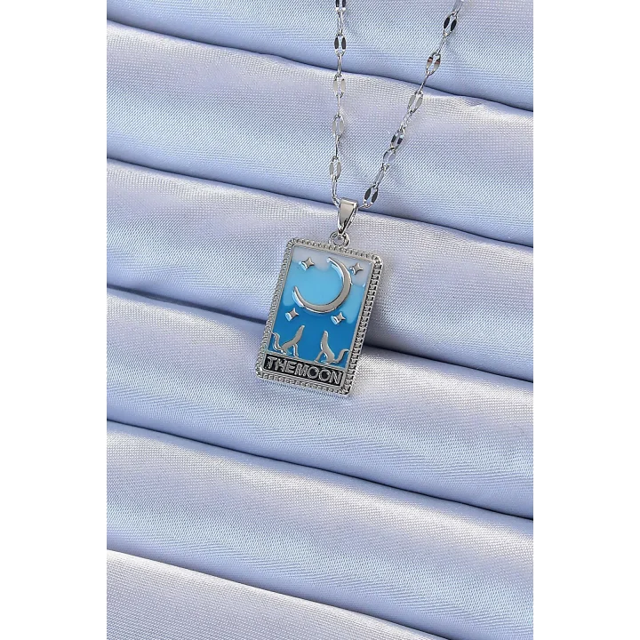 Mey İthalat® 316L Çelik Zincir Gümüş Renk Mavi Mineli Ay Figür Tarot Kolye