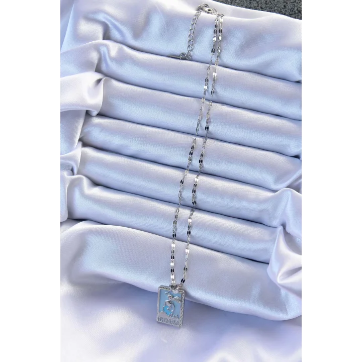 Mey İthalat® 316L Çelik Zincir Gümüş Renk Mavi Mineli Tarot Kolye