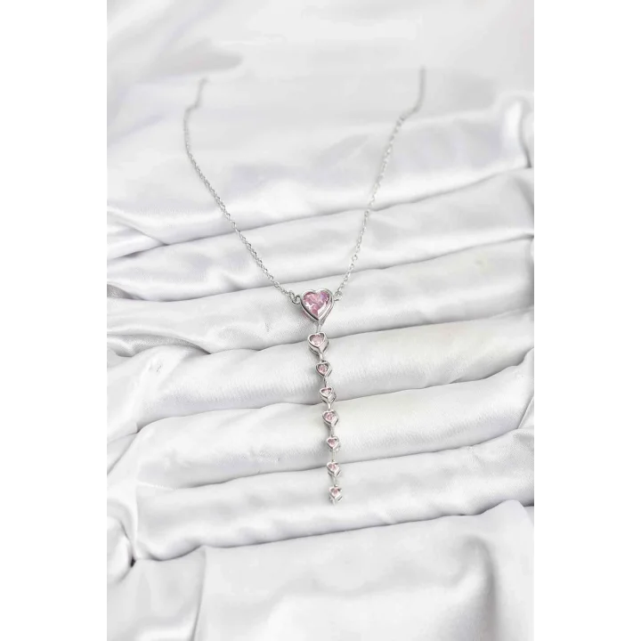 Mey İthalat® 316L Çelik Zincir Gümüş Renk Pembe Kalp Kadın Kolye