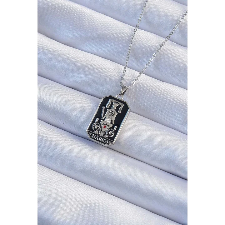 Mey İthalat® 316L Çelik Zincir Gümüş Renk Siyah Mineli Tarot Kolye