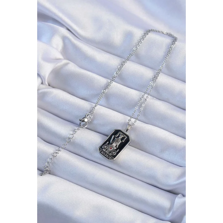 Mey İthalat® 316L Çelik Zincir Gümüş Renk Siyah Mineli Tarot Kolye