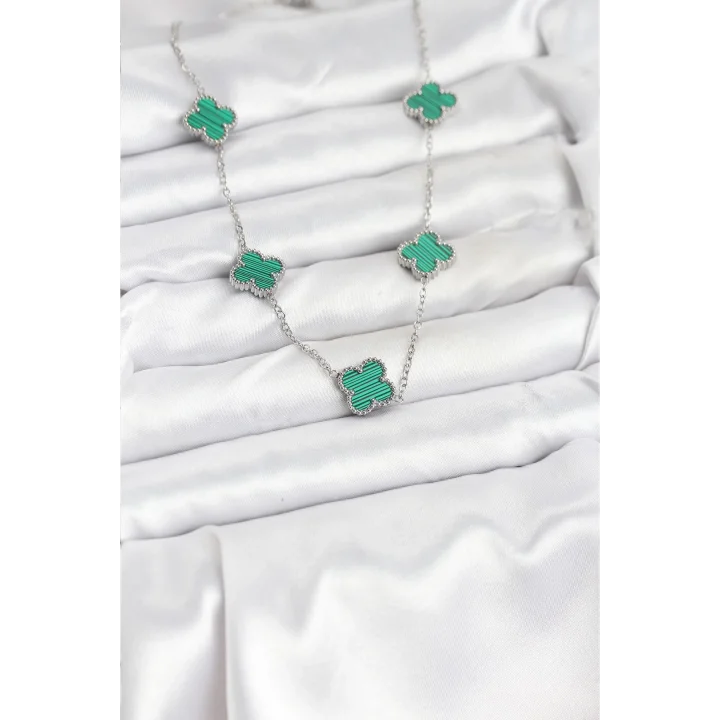 Mey İthalat® 316L Çelik Zincir Gümüş Renk Yeşil Yonca Kadın Kolye