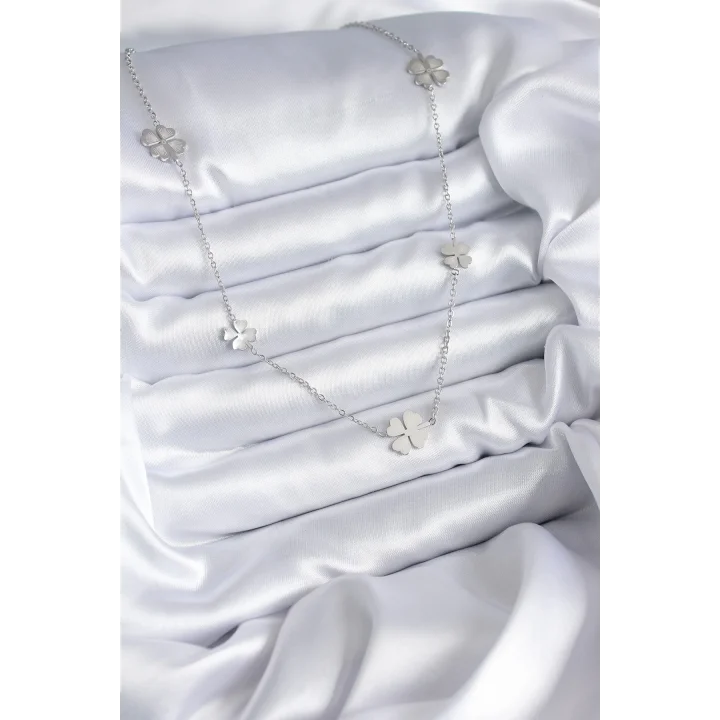 Mey İthalat® 316L Çelik Zincir Gümüş Renk Yonca Model Kadın Kolye