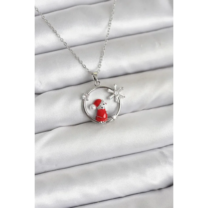 Mey İthalat® 316L Çelik Zincir Gümüş Zirkon Taşlı Yılbaşı Tema Kadın Kolye