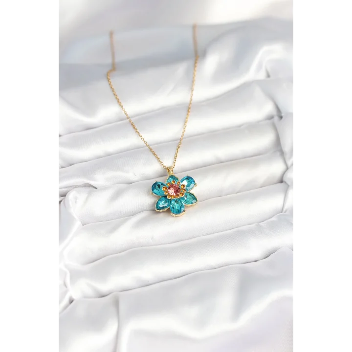 Mey İthalat® 316L Çelik Zincirli Mavi Çiçek Model Kadın Kolye