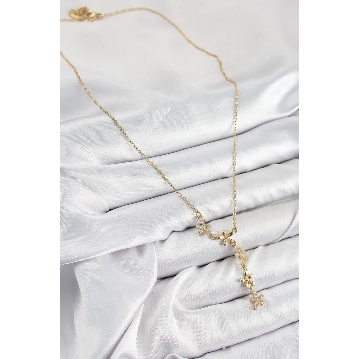 Mey İthalat® 316L Çelik Zirkon Taşlı Çiçek Model Gold Renk Kadın Kolye