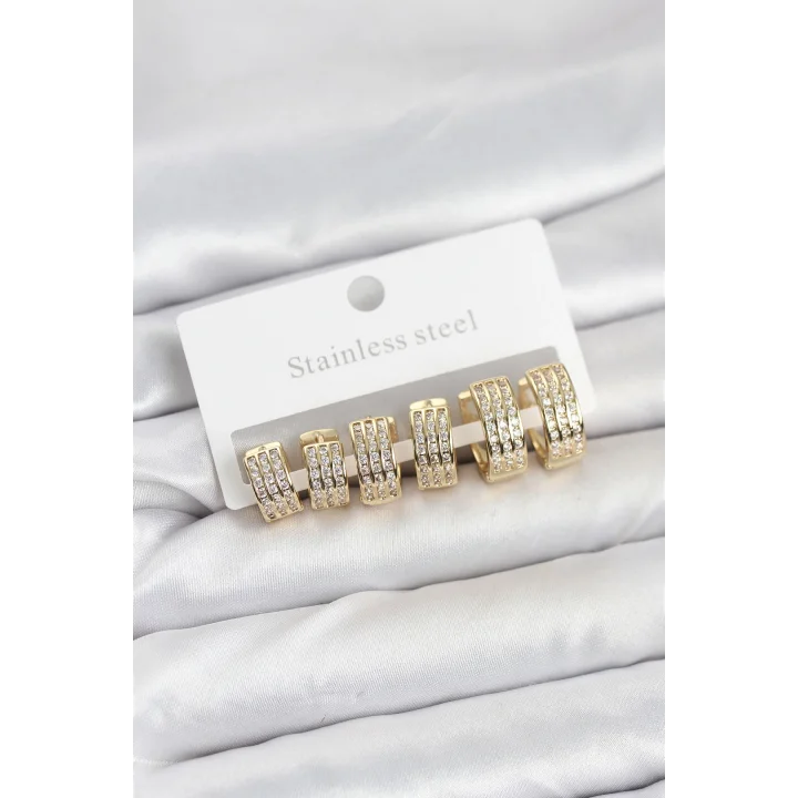 Mey İthalat® 316L Çelik Zirkon Taşlı Gold Halka Küpe Seti