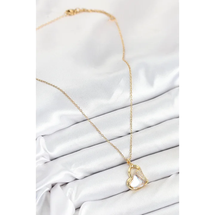 Mey İthalat® 316L Çelik Zirkon Taşlı Kalp Model Gold Renk Kadın Kolye