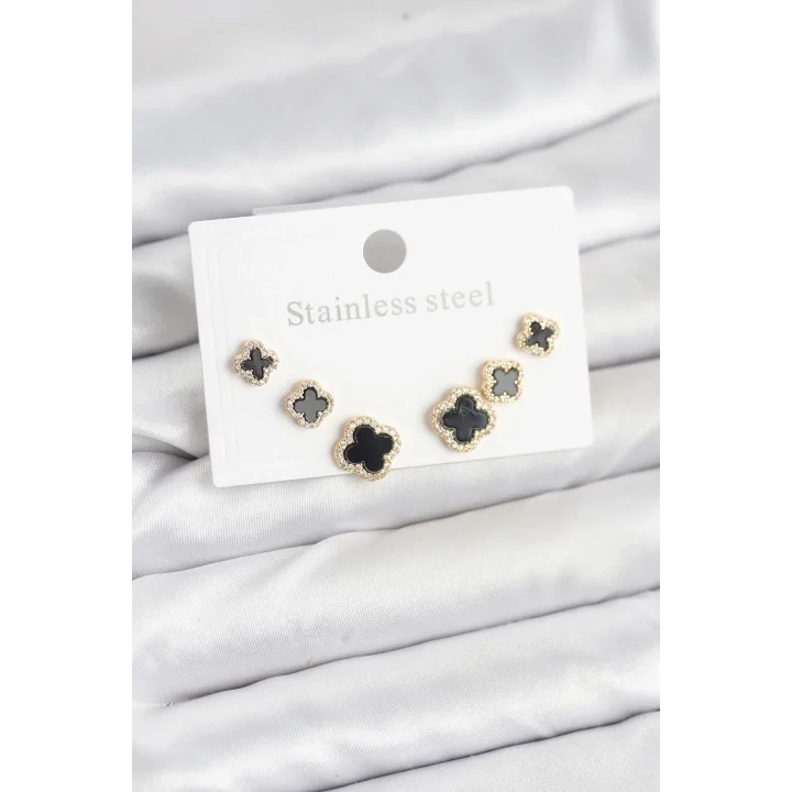 Mey İthalat® 316L Çelik Zirkon Taşlı Yonca Model Kadın Küpe Seti