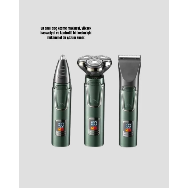 Mey İthalat® 3D Akıllı Kesim Teknolojili Şarjlı Tıraş Seti – 3 Başlıklı, Paslanmaz Çelik Bıçaklı