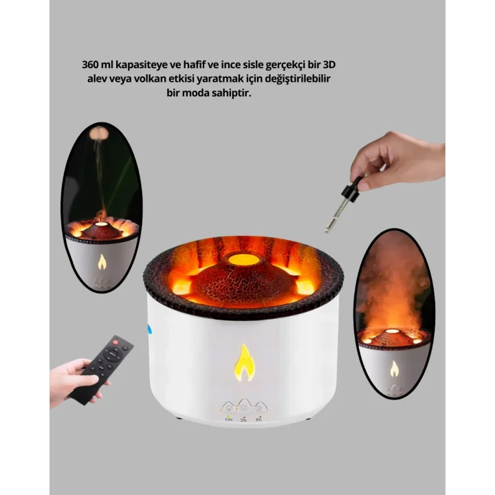 Mey İthalat® 3D Alev Işıklı Aromaterapi Makinesi – 360 ml Su Kapasiteli Sessiz Difüzör
