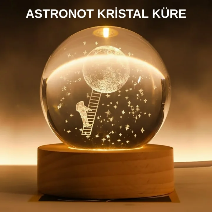 Mey İthalat® 3D Astronot Kristal Küre Gece Lambası USB Ahşap Standlı Dekoratif Işık