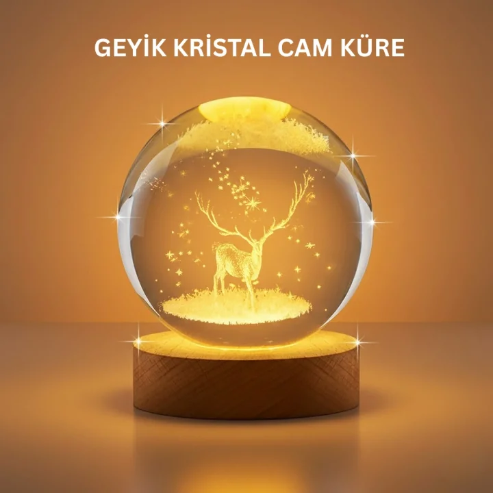 Mey İthalat® 3D Geyik Desenli Kristal Küre USB Işıklı Ahşap Tabanlı Oda Lambası