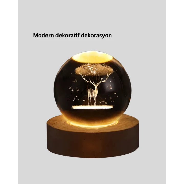 Mey İthalat® 3D Geyik Desenli Kristal Küre USB Işıklı Ahşap Tabanlı Oda Lambası
