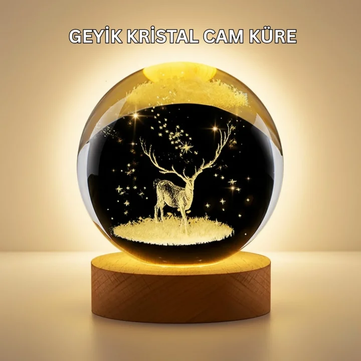 Mey İthalat® 3D Lazer İşlemeli Geyik Kristal Küre Sıcak Işıklı Gece Aydınlatması