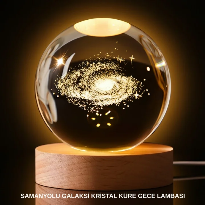 Mey İthalat® 3D Samanyolu Galaksi Kristal Küre USB LED Işıklı Ahşap Standlı Gece Lambası