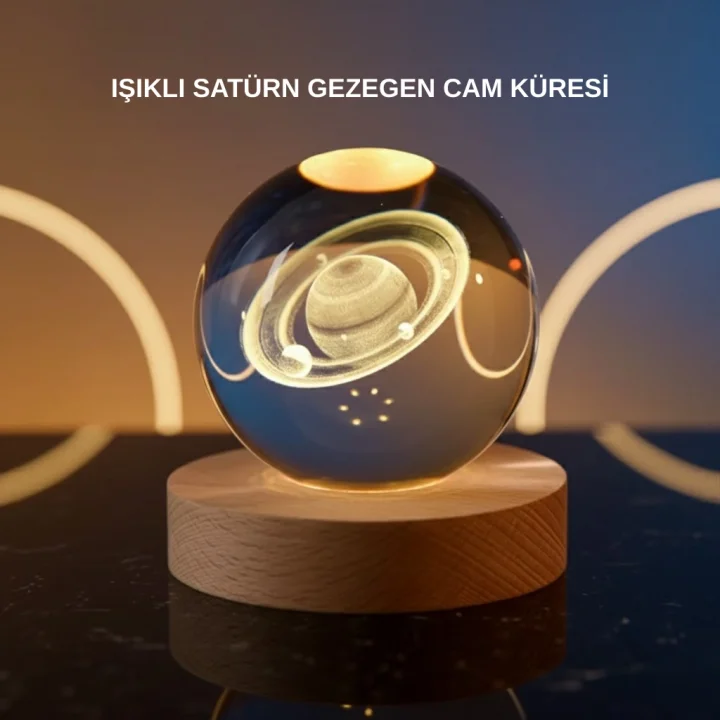 Mey İthalat® 3D Satürn Gravürlü Kristal Küre Dekoratif LED Işıklı Gece Lambası