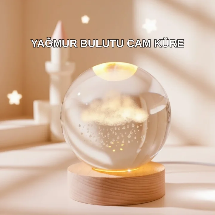 Mey İthalat® 3D Yağmur Bulutu Desenli Kristal Top USB Gece Lambası Ahşap Tabanlı Dekoratif Lamba