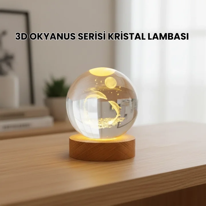 Mey İthalat® 3D Yunus Desenli Kristal Küre Ahşap Tabanlı Işıklı Dekor Objesi