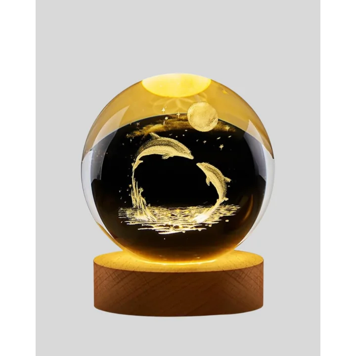 Mey İthalat® 3D Yunus Desenli Kristal Küre Ahşap Tabanlı Işıklı Dekor Objesi
