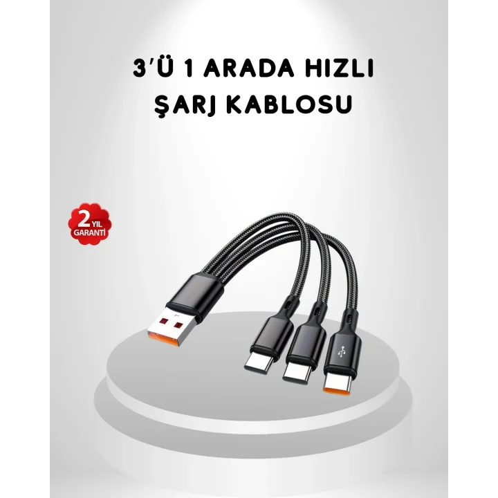 Mey İthalat® 3’ü 1 Arada Hızlı Şarj Kablosu iOS Android Type-C Uyumlu ve Dayanıklı