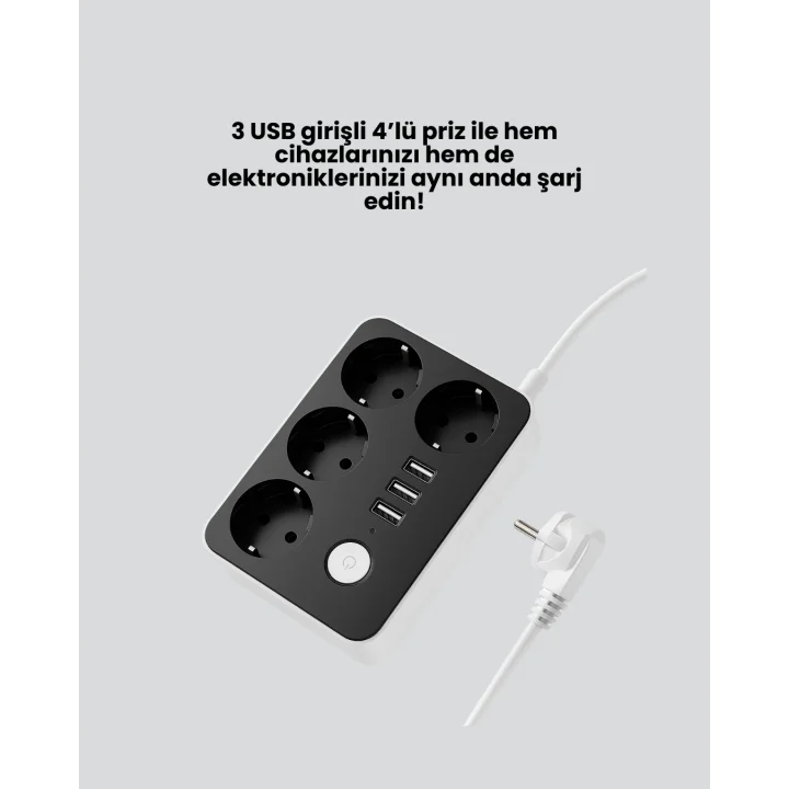 Mey İthalat® 4 Prizli 3 USB Portlu Anahtarlı Akım Korumalı Priz