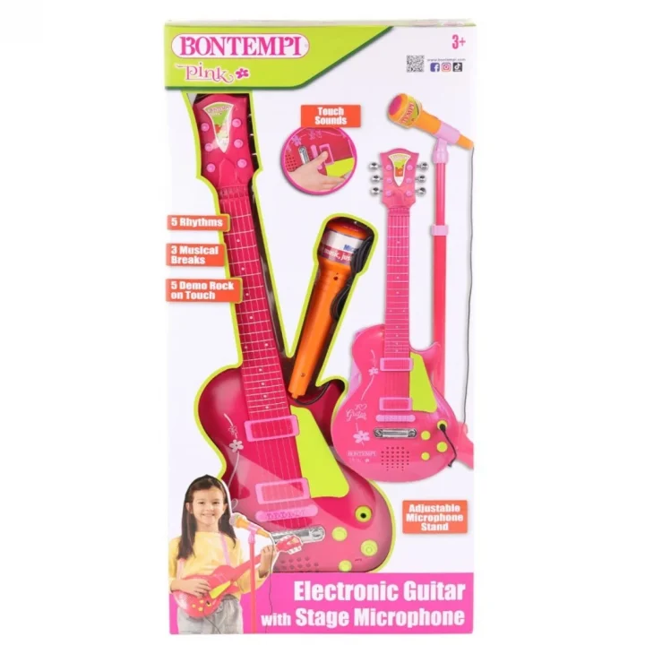Mey İthalat® 45872  Elektronik Gitar Ayaklı Mikrofon Müzik Seti Pembe -