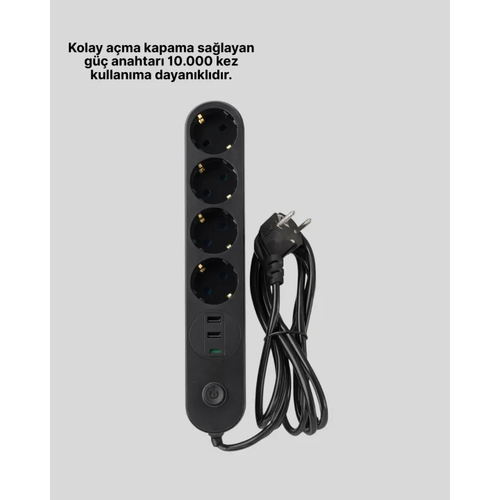 Mey İthalat® 4’lü Çoklu Priz 2 USB Type-C Girişli Akım Korumalı Siyah